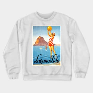 Vintage Travel Poster - The Beach at Lugano, Switzerland Crewneck Sweatshirt